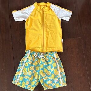 SwimZip 4T Boys Swim Trunks and Rash-guard Set, Lemons, Zipper Shirt, Swim Set